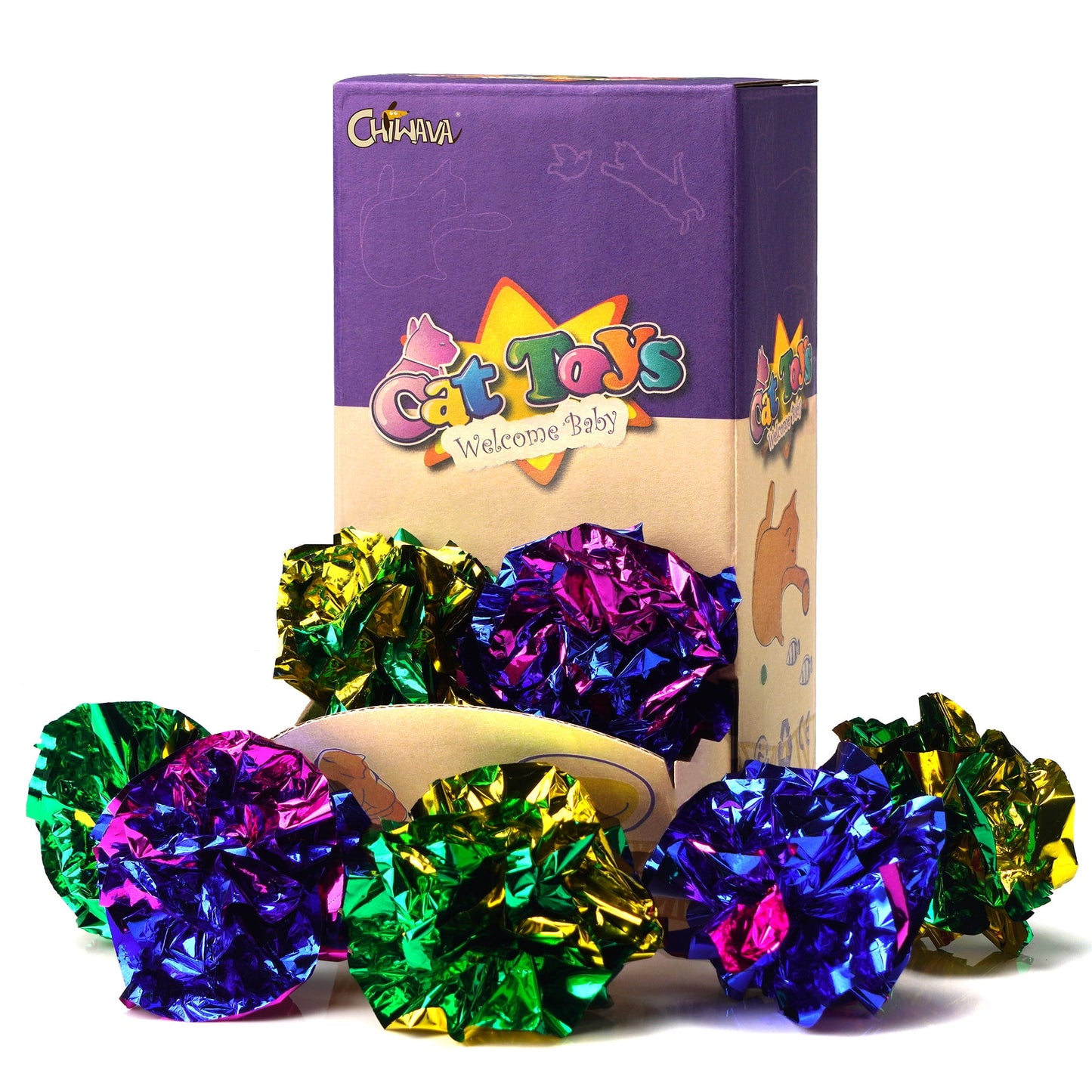 Chiwava 24PCS Mylar Balls Shiny Crinkle Cat Toys Ball Kitten Crackle Lightweight Play 1.6" Assorted Color